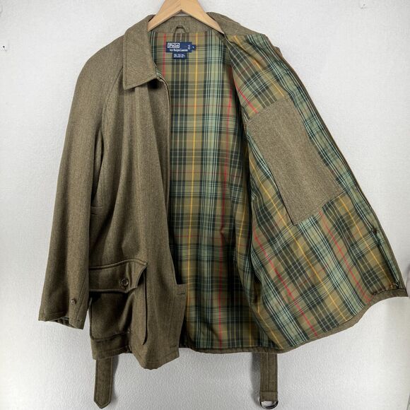 POLO RALPH LAUREN Coat Mens L Wool Belted Plaid Lined Hunting Full Zip Green